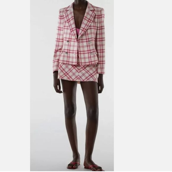 ZARA Textured Plaid Blazer Jacket Coat Pink White Double Breast Size M NWT - Picture 5 of 8